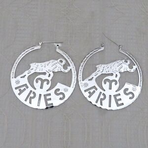 Silver Toned Aries Zodiac Earrings Women, Round Carved Metal, Birthday Gift
